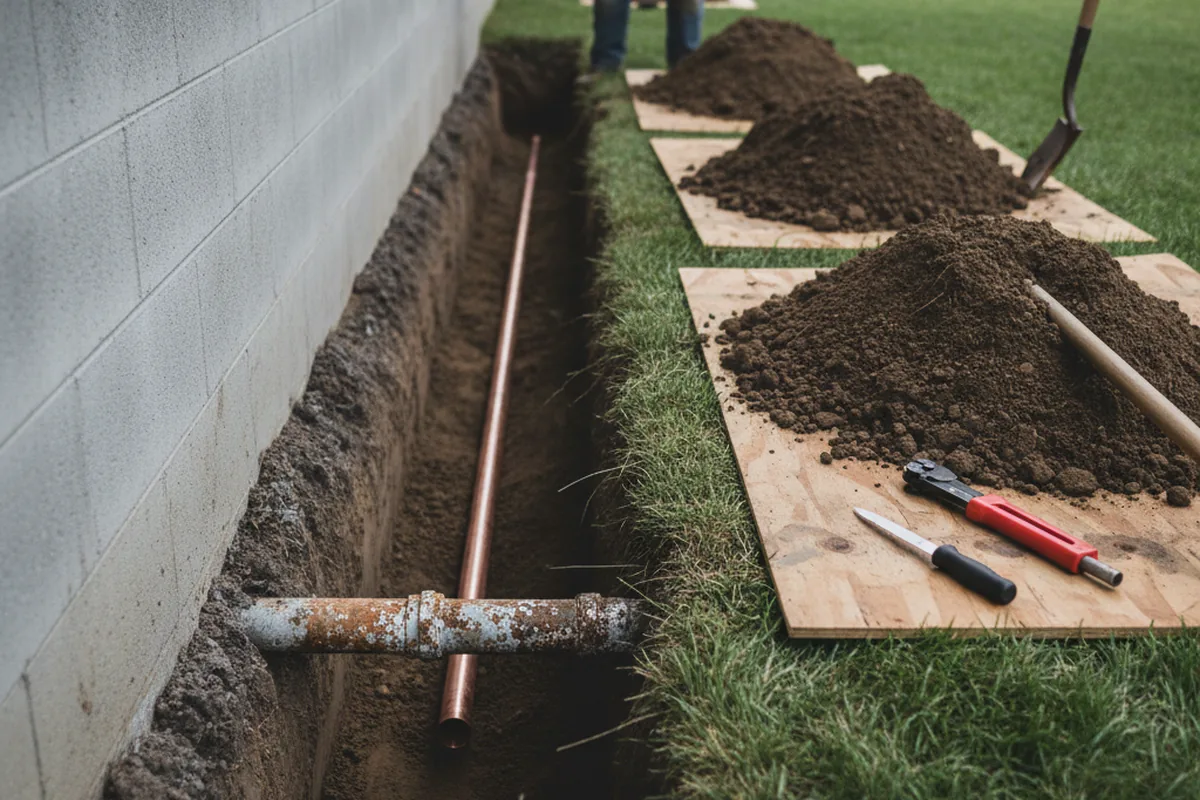 Excavated water line trench during Water Heater Repair in Rosenberg